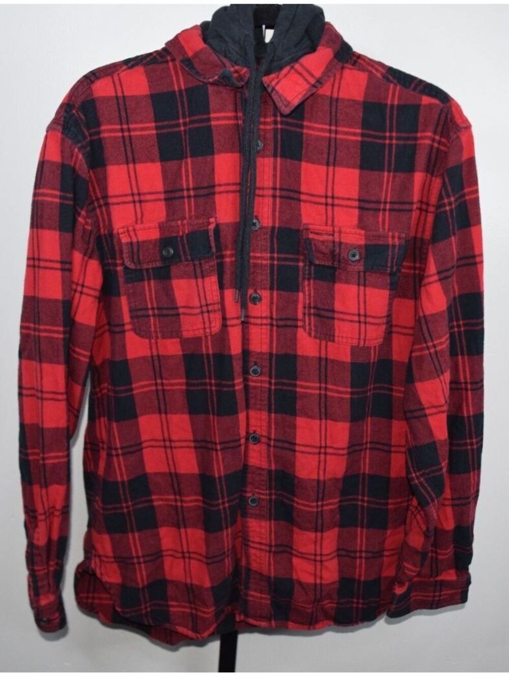 Original Use Red Black Plaid Flannel Hooded Shirt Jacket Long Sleeve Button Up